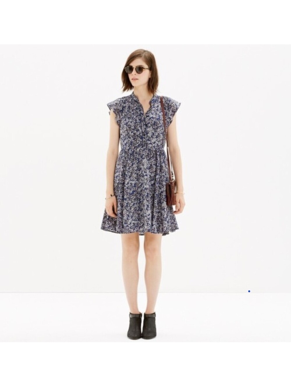 Madewell FA14 Silk Floral Flutter Sleeve Button Front Fit Flare Dress Size 6